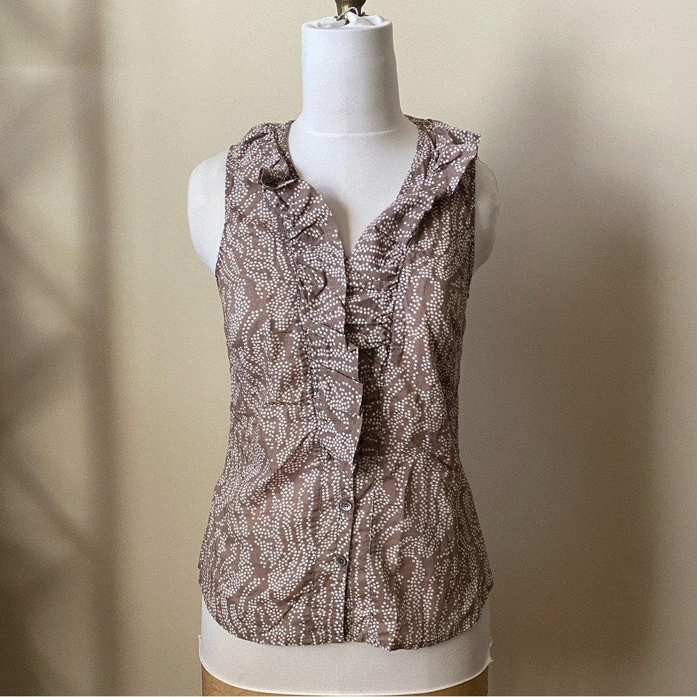 Ann Taylor V-line Brown & White Polka Dots Sleeveless Ruffles Button-Up Blouse